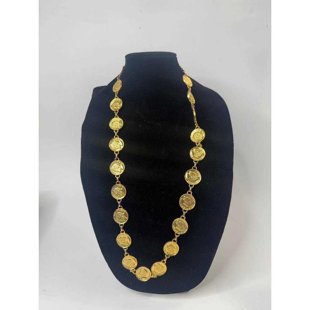 Vintage Gold Tone Hercules Coin Medallion Statement Necklace 34 Inch Long